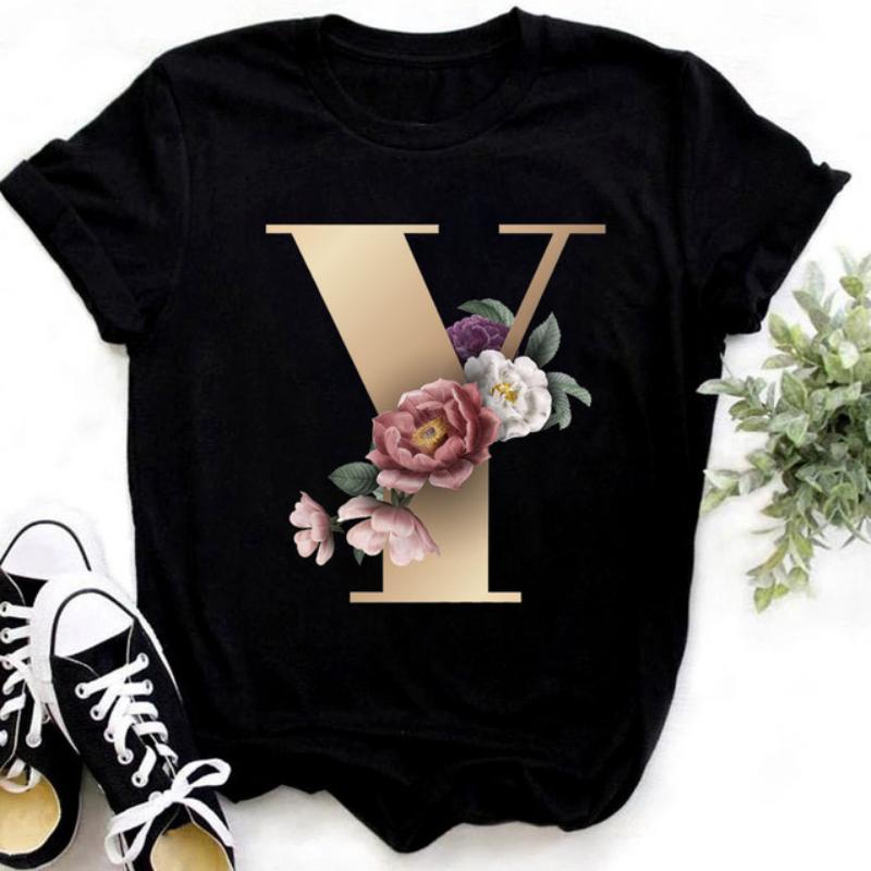 Fashion Golden 26 Letters Flower Harajuku Print Ladies T-shirt Casual Basics O-collar Black Shirt Short Sleeve Ladies T-shirts