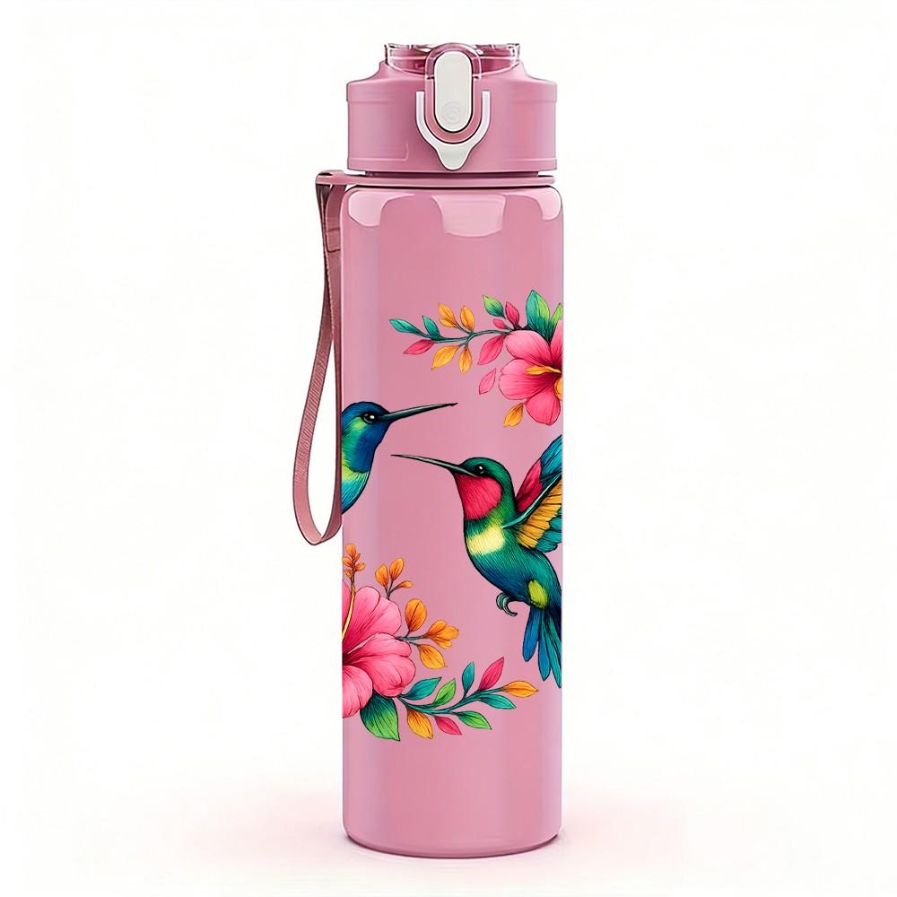 1PC Hummingbird Floral Wreath 750ml Color Plastic Sports Water Bottle Leakproof Flip Straw Lid Suitable for Sports Office Home Use