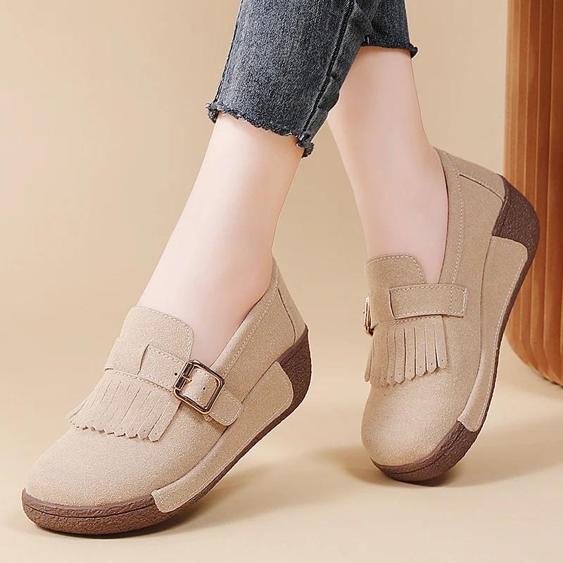 Fashion Thick Bottom Cow Suede Casual Shoes Women Platform Flats Flatform Loafers Sneakers Ladies Non-Slip Slip On Walking Shoes