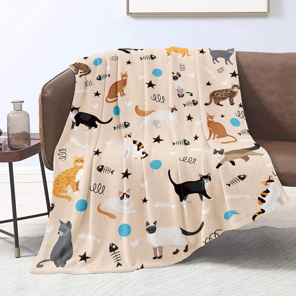 Cute Cat Flannel Blanket Multiple Sizes 2D Print Pink Face Kitty Design Soft Throw Sofa Bedroom Office Snuggle