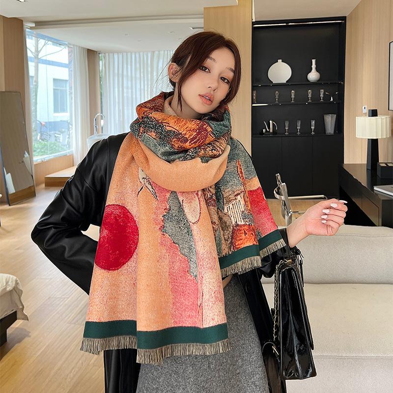 

Autumn and Winter High end Scarf for Women New Versatile Fashionable Traditional Chinese Painting Scarf Warm New Chinese Style Tassel Shawl 185cm