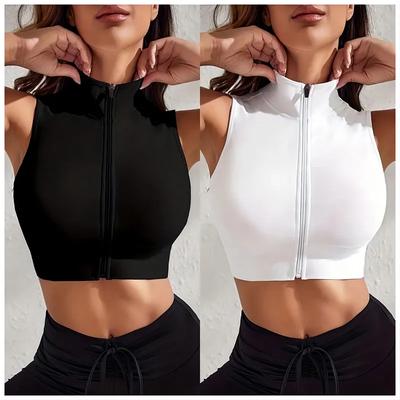 Damen Nahtlose Sportweste mit Reißverschluss, Atmungsaktives Yoga-Tanktop für Laufen, Fitnessstudio, Dehnbares Crop-Workout-Top mit integierter Unterstützung