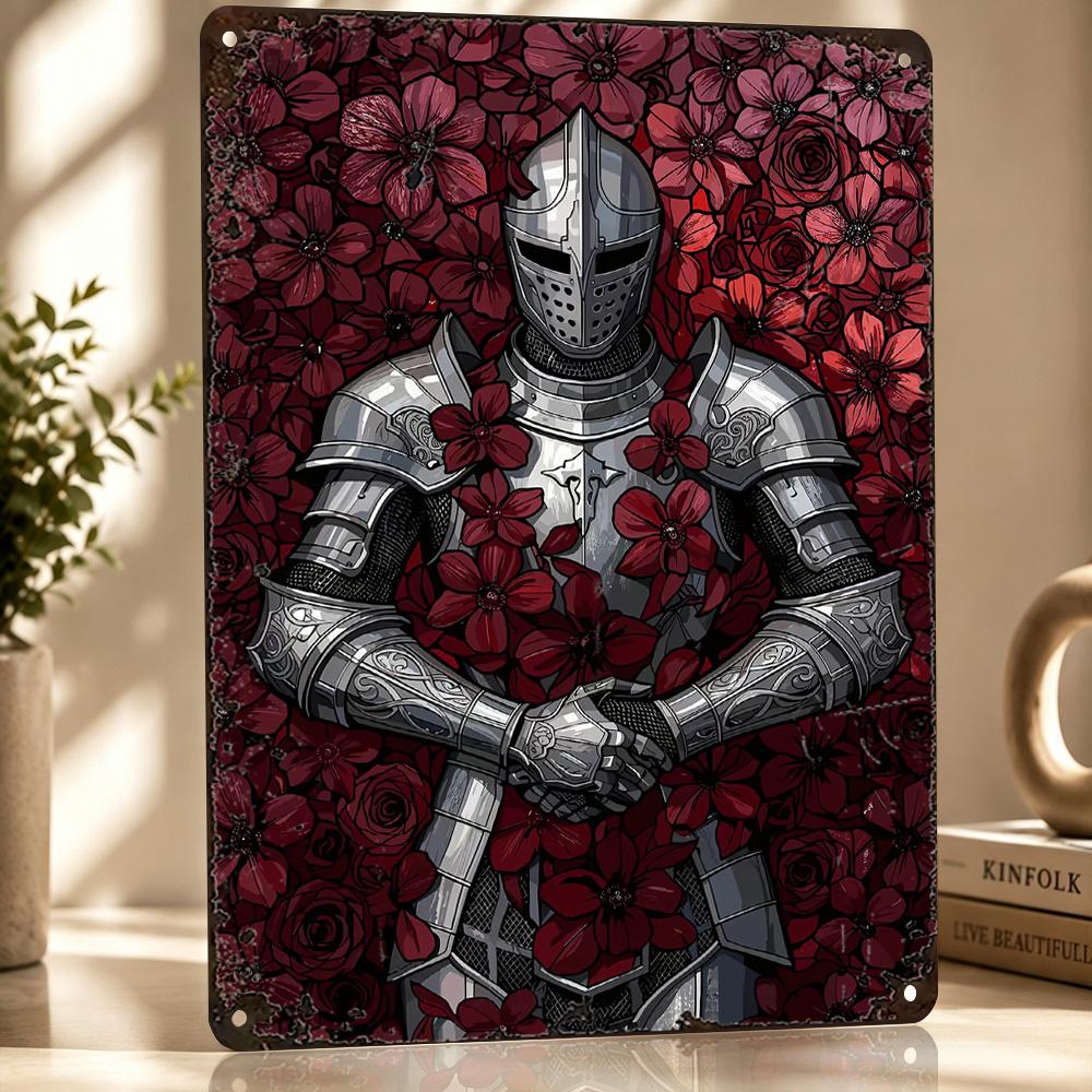 Knight In Armor Surrounded By Flowers Metal Poster Perfect Gift for Fans Lovers Personalized Wall Art Metal Sign for Funny Signs