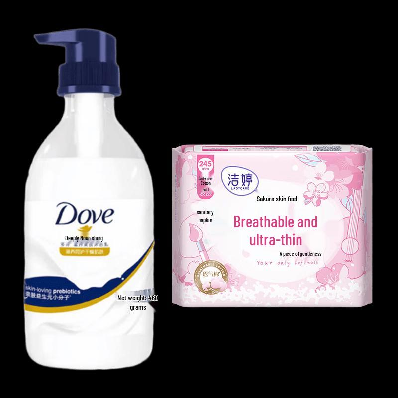 Набор: Молочко для душа Dove Питательная красота Глубокое увлажнение и Гигиенические прокладки Jieting Сакура