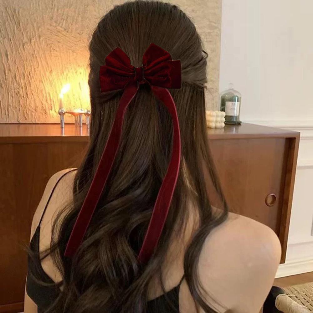 Samt-Haarspange für Damen, elegant, handgefertigt, schwarz, rot, grün, Doppelschleifen, Haarspange, lange Quaste, Haarschmuck, Weihnachtsgeschenk