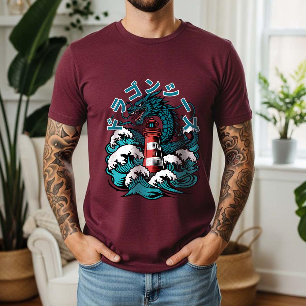 2026 Summer Unisexs Japanese Dragon Lighthouse Graphic Oversize Tee 100 Cotton UkiyoE Short Sleeve