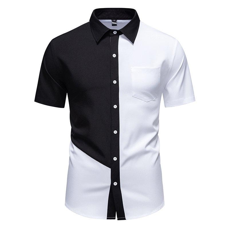 Men's Asymmetric Color Block Short Sleeve Button Down Shirt Black White Breathable Casual Business Tops