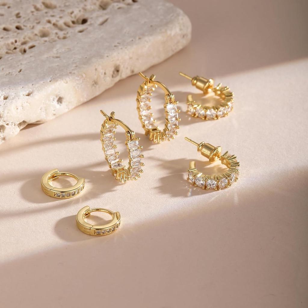 3 Pcs or Pairs Hoop Earrings for Women Trendy Dainty 14K Gold Cubic Zirconia Stud Earrings Stack for Multiple Piercing Jewelry