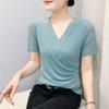 Womens V Neck Wrap Ruched Rhinestone Mesh Short Sleeve Casual Blouse