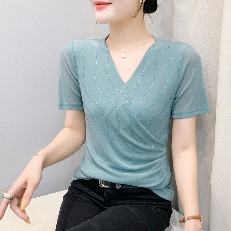 Womens V Neck Wrap Ruched Rhinestone Mesh Short Sleeve Casual Blouse