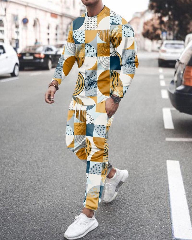 Men's Long Sleeve T-Shirts Sets Abstract Pattern 3D Print Sports T-Shirt Pants Suit Fashion Tracksuit 2-Piece Jogger Outfits