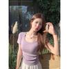 Taro Purple Shoulder Square Neck Short Sleeve Summer Spice Girl Thin T-shirt Slim Fit Small Waist Pleated Top