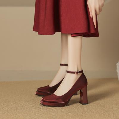 -1 Suede Mary Jane Shoes for Women and Women In Winter New Square Head Thick Heel Single Shoes Waterproof Table High Heels for Women