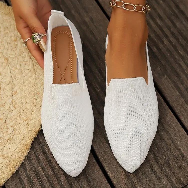 Women Solid Color Pointed Head Mesh Loafers Shallow Woman Flats Soft Bottom Knit Ballet Flats Shoes Casual Slip On Boat Shoes