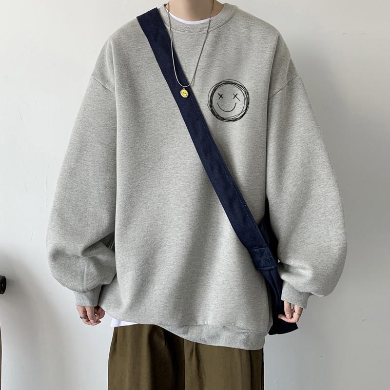 Herren Trendiger Smiley-Gesicht Hoodie - Hongkong & Koreanischer Stil, Lockere Passform, Herbst-Streetwear, Rundhalsausschnitt, Bedrucktes Oberteil
