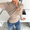 Women S Asymmetric Neck Metal Buckle Hollow Long Sleeve T Shirt Soft Slim Fit