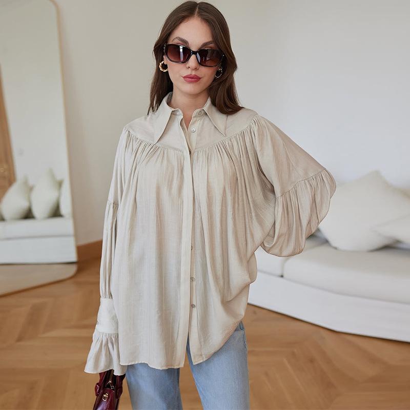 Casual Shirts Women Loose Lantern Sleeve Buttons Turn Down Collar Pleated Blouse Lady Spring Summer Green Shirts