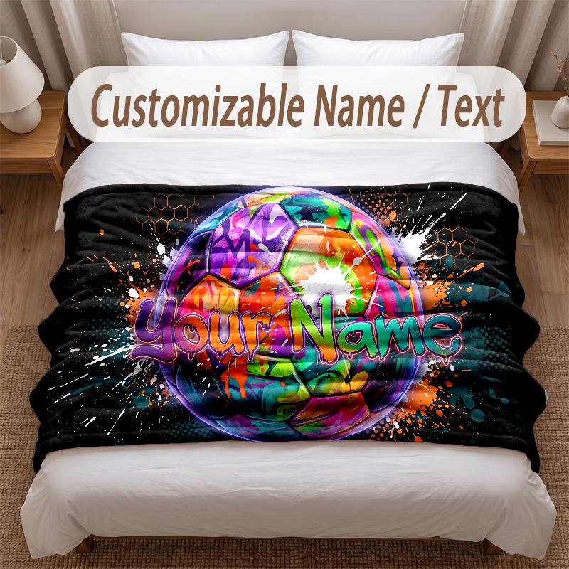 Soccer Theme Soft Blanket Personalized Custom Name Text Print Warm Blanket Home Sofa Bedroom Decor