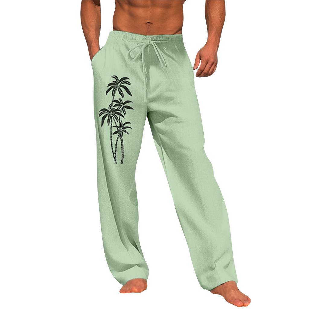 Men's Casual Loose And Comfortable Casual Pants Cotton Linen Printed Drawstring Trousers