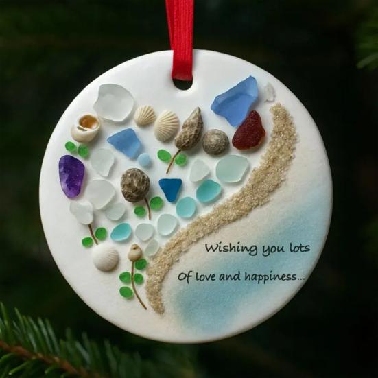Wishing You Lots of Love And Happiness Sea Glass Ornament Handcrafted Round/Heart-Shaped Sea Glass Keepsake Christmas Tree Hanging Ornament