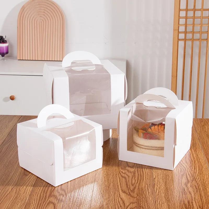 5Pcs 3/4/ inch Small Cake Box White Paper Transparent Window Portable Birthday Dessert Packaging Party Gift Supplies