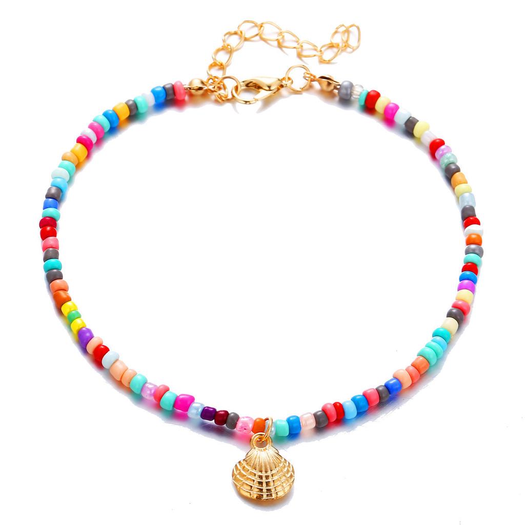 Unisex Colorful Beaded Anklet Retro Alloy Scallop Pendant Ankle Chain Siberian Style Geometry Footwear