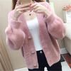 Casaco Cardigan Feminino Curto Solto Primavera Outono Cor Sólida Lã Sintética de Vison Tricotado Botão Suéter