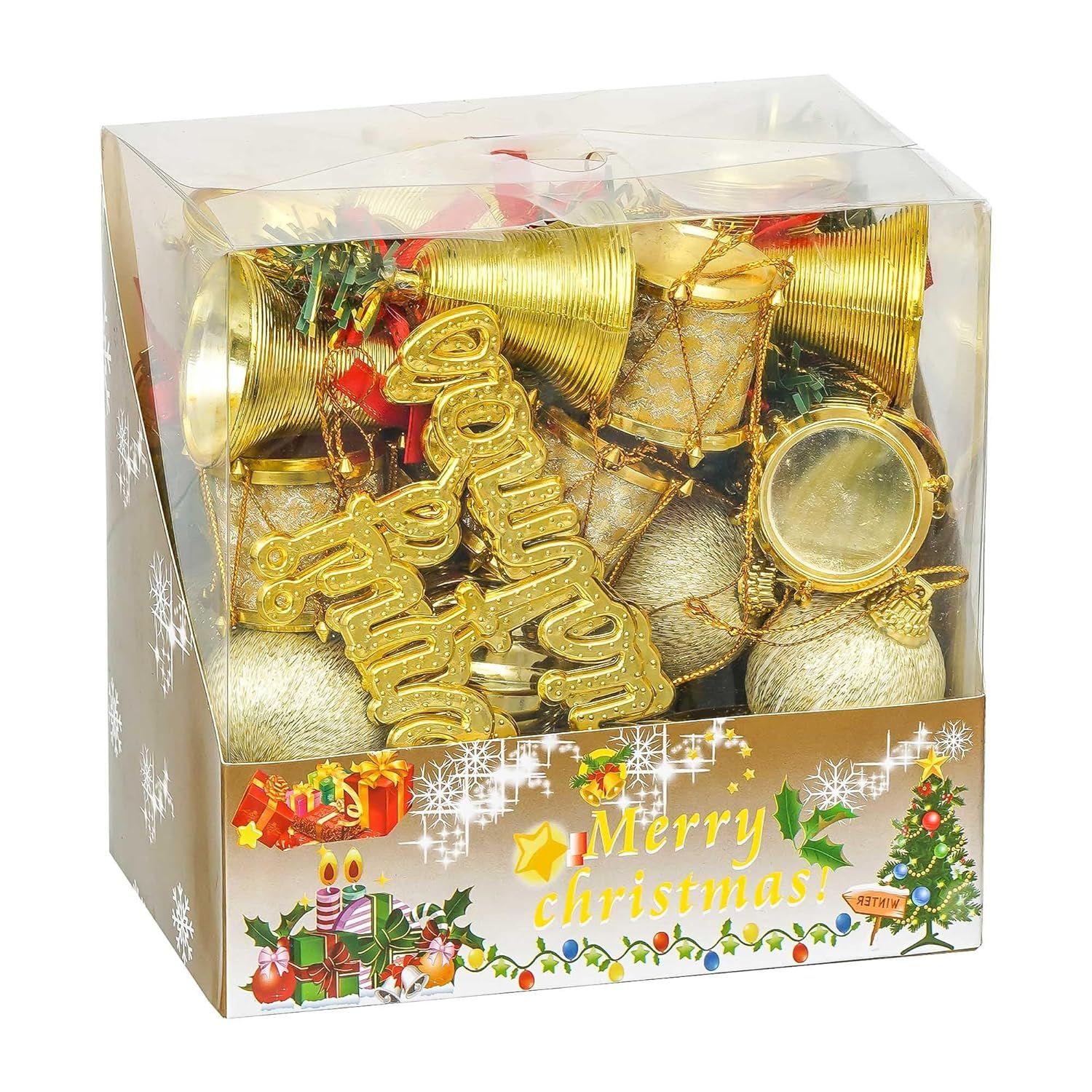 

Golden Christmas Tree Decoration Items Merry Xmas Gifts Cutout Bells Drums Balls Hanging Ornaments Props Christmas Decorations