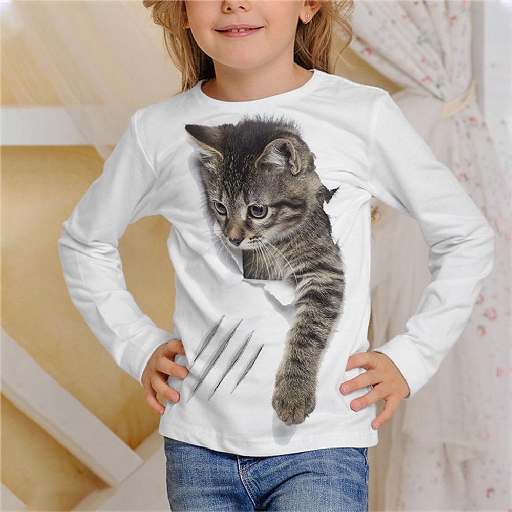 Spring and Autumn Round Neck 3D Cartoon Animal Cat Dog Printed Top Fashionable Casual Long Sleeved Children's Girl T-shirts
