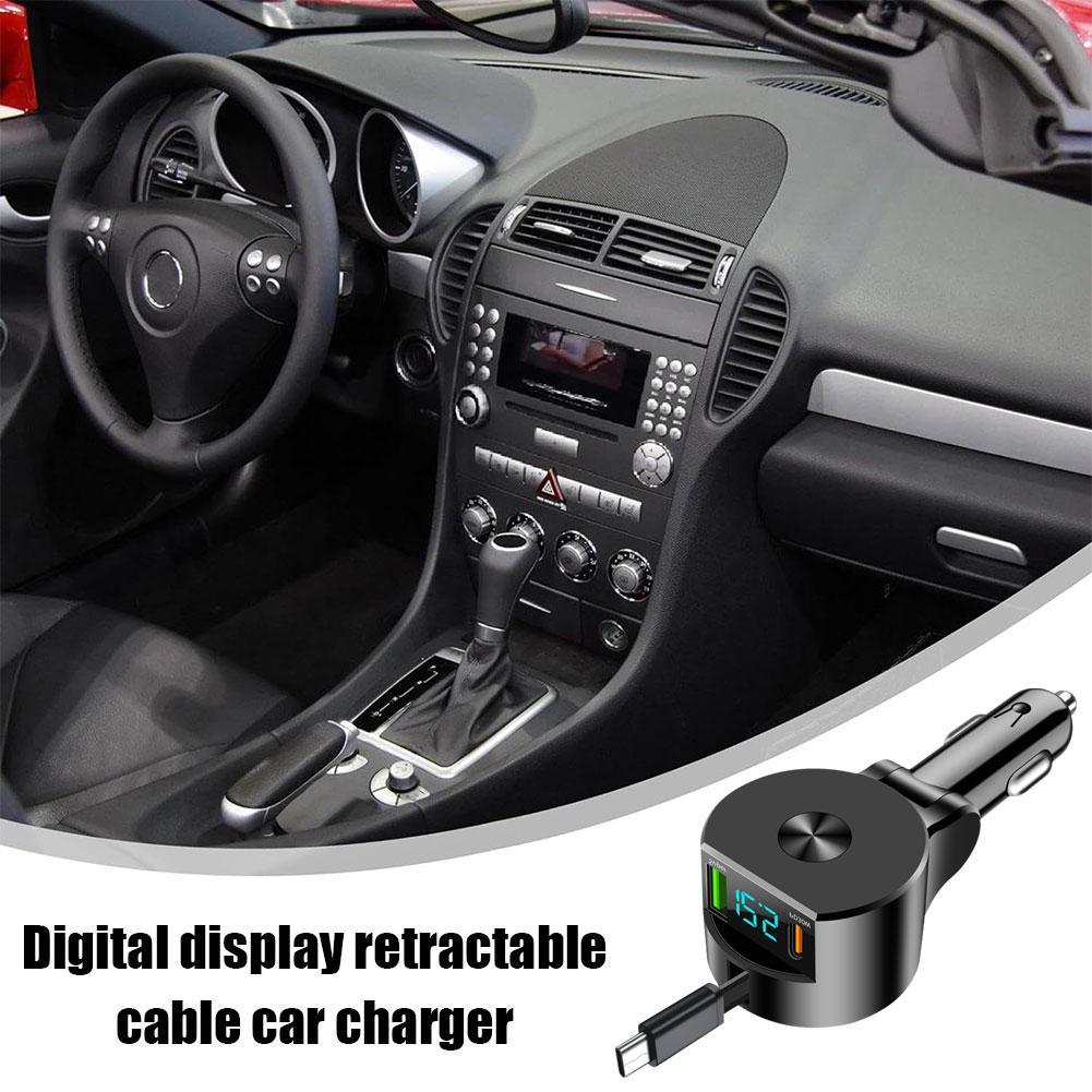 Digital Display Car Charger 12V/24V,cigarette Lighter Line Charging Fast Car Adaper Vehicle Line Charging PD30W Telescopic F2B9