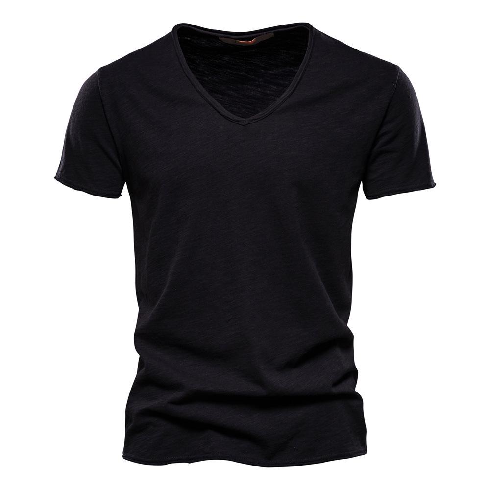

Men s Summer V-Neck T-Shirt - Pure Cotton Slub, Solid Color, Short Sleeve S
