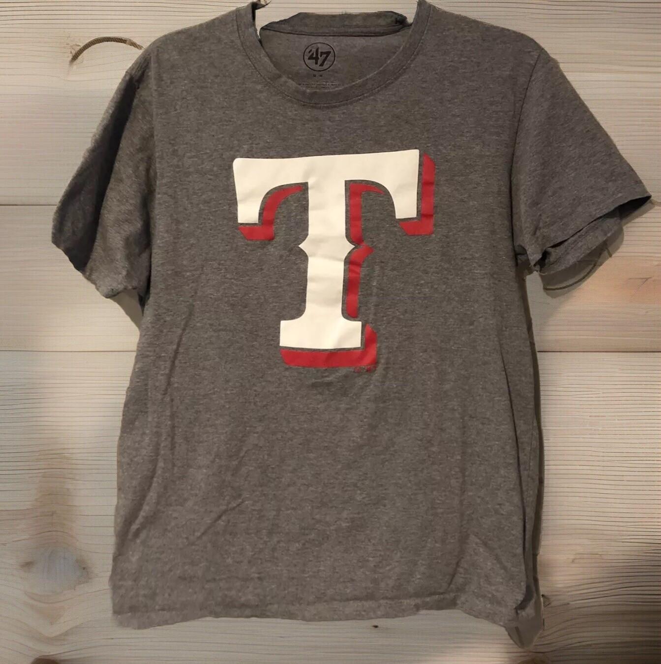 47 Brand Texas Rangers Mens M Gray MLB Baseball Team Logo Cotton Unisex T-Shirt L