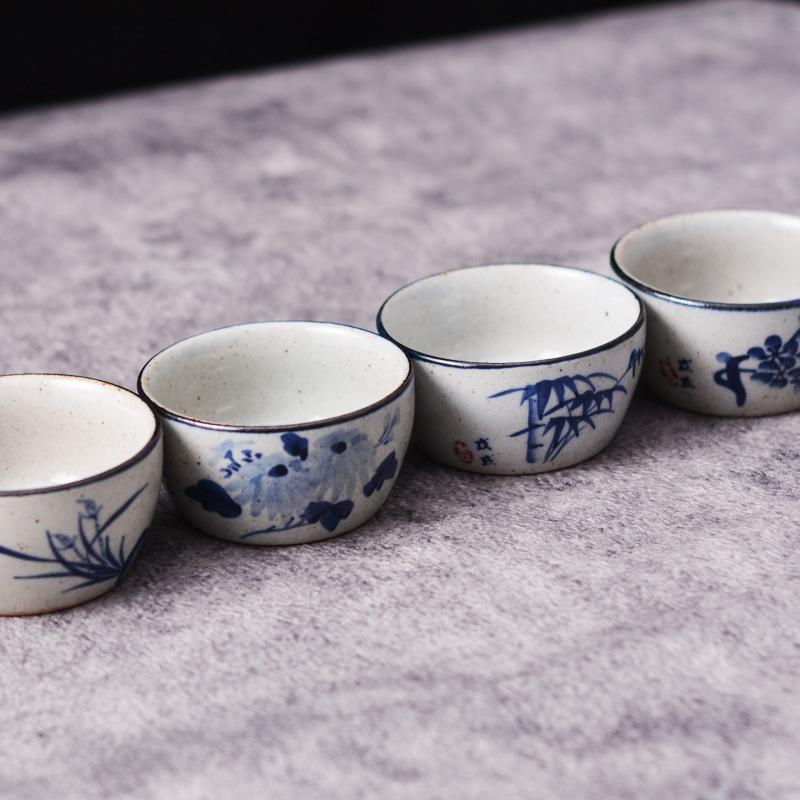 Hand-Painted Blue & White Coarse Pottery Teacup Set - Ceramic Gongfu Tea Cup, Small Cup for Pu'er Tea Ceremony
