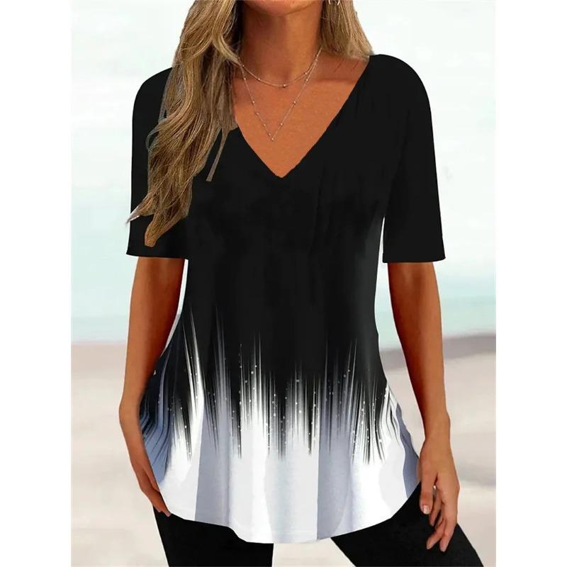 Mode Einfache Wellenkurve 3D-Druck T-Shirts Damen V-Ausschnitt Kurzarm T-Shirt Y2k Harajuku T-Shirts Lässige Tops Damenbekleidung