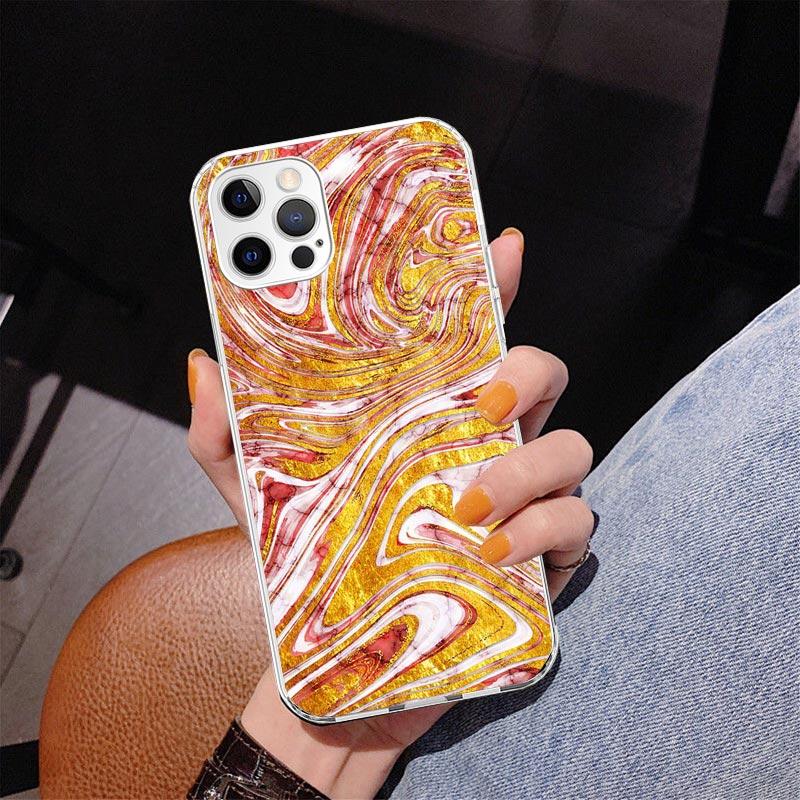 Fashion Gold Pink Geometric Marble Phone Case For iPhone 17 Air 16 Pro Max 16E 15 + 14 Plus 11 12 13 Mini 7 8 SE Gift Print Cove