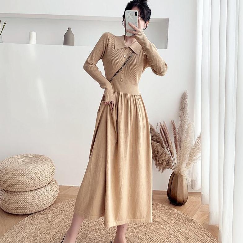 Mid-length Sweater Dress A Versatile Solid Color A-line Knitted Dress for Women Casual and Warm Pullover