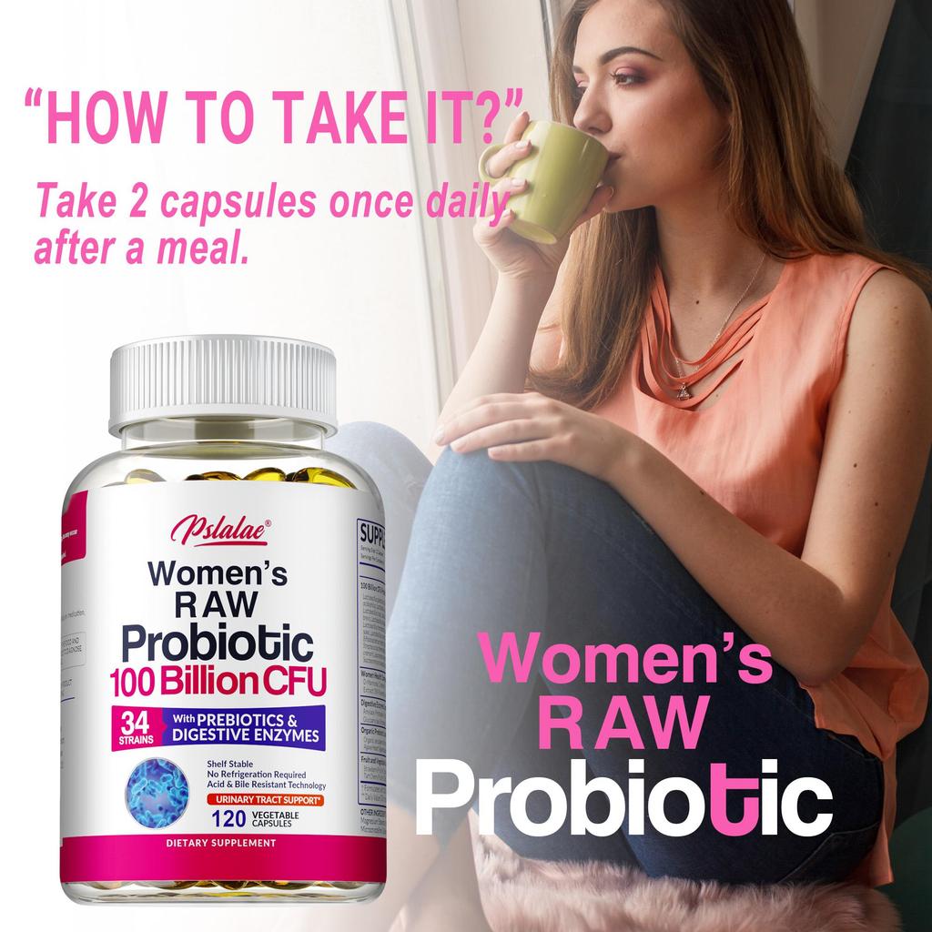 Pslalae Probiotic Enzyme Capsules, containing 34 strains, prebiotics, and digestive enzymes, support gut microbiota.