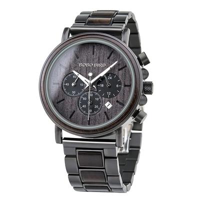 Men's Wooden Watch, Business/Casual Watch, Ebony & Stainless Steel Chronograph