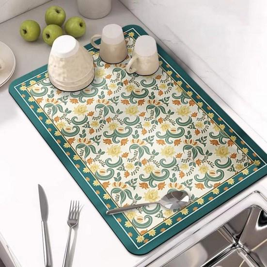Draining Mat Double-sided Non-slip Fast Water Absorption Anti-scalding Imitation Tile Printing Coffee Machine Draining Pad Kitchen Supply