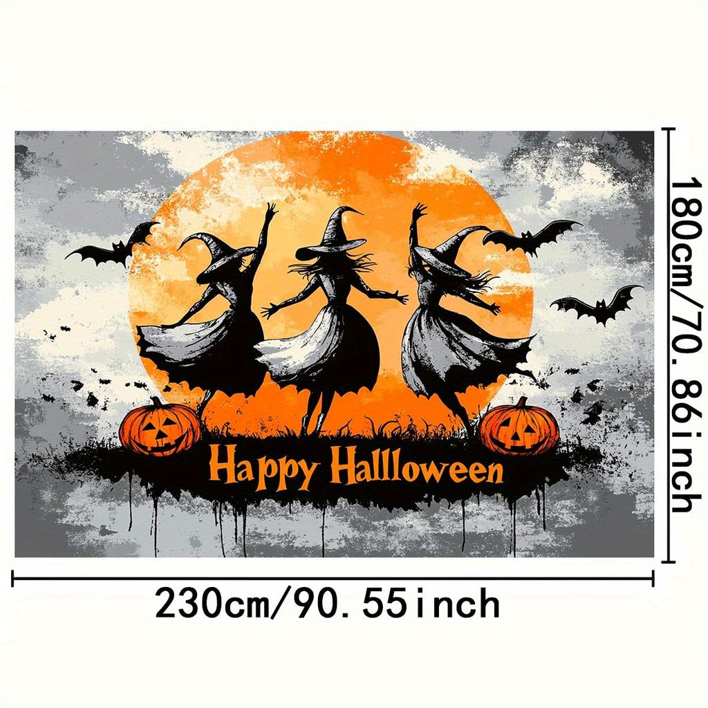 1 Stück Halloween-Hintergrundtuch inklusive 3 Hexen Vollmond Fledermäuse und Kürbis Halloween-Dekorationen einfach zu installieren