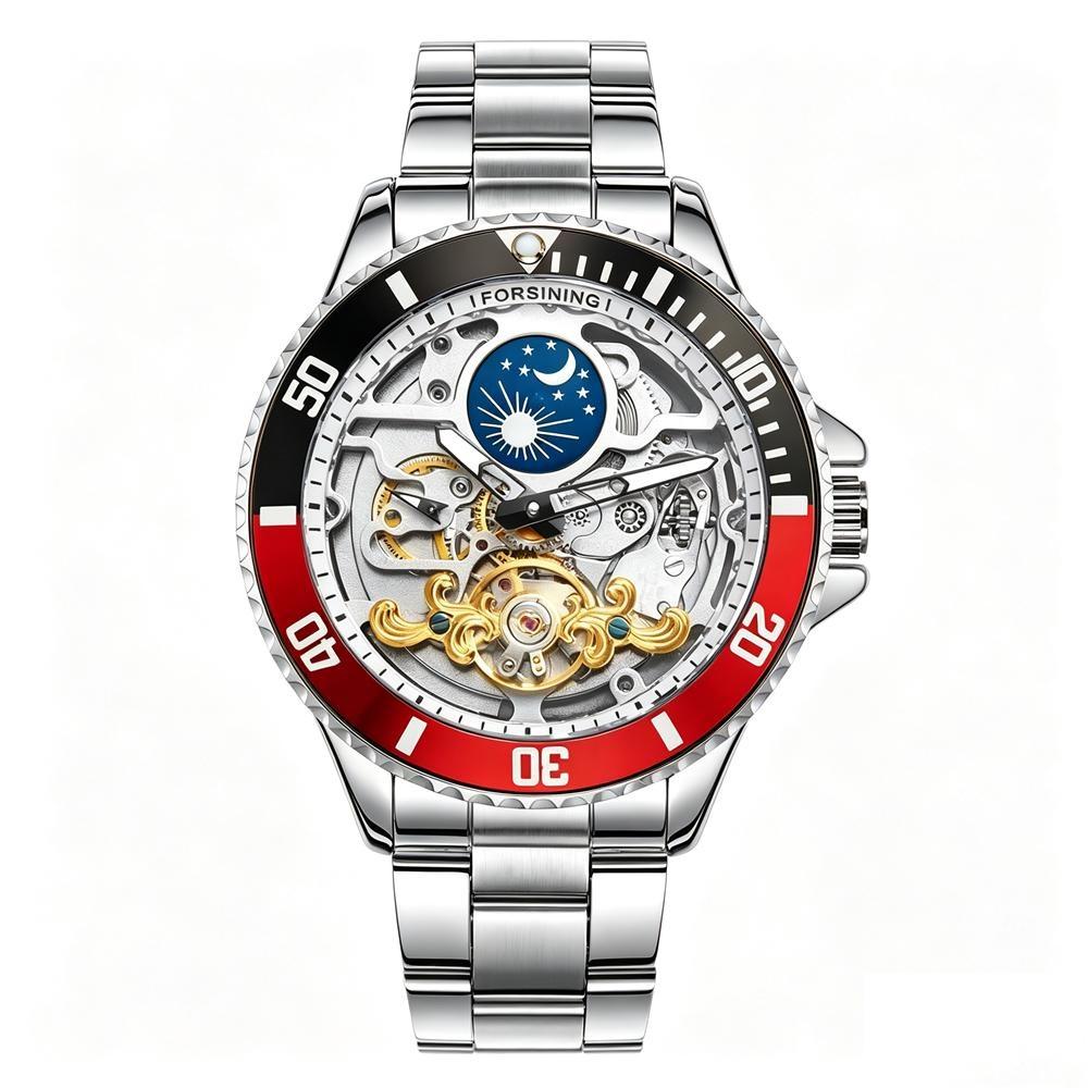 Mens Self-Winding Mechanical Watch Skeleton Moon Phase Luminous Dial Rotating Bezel Steel Strap Wristwatch Waterproof