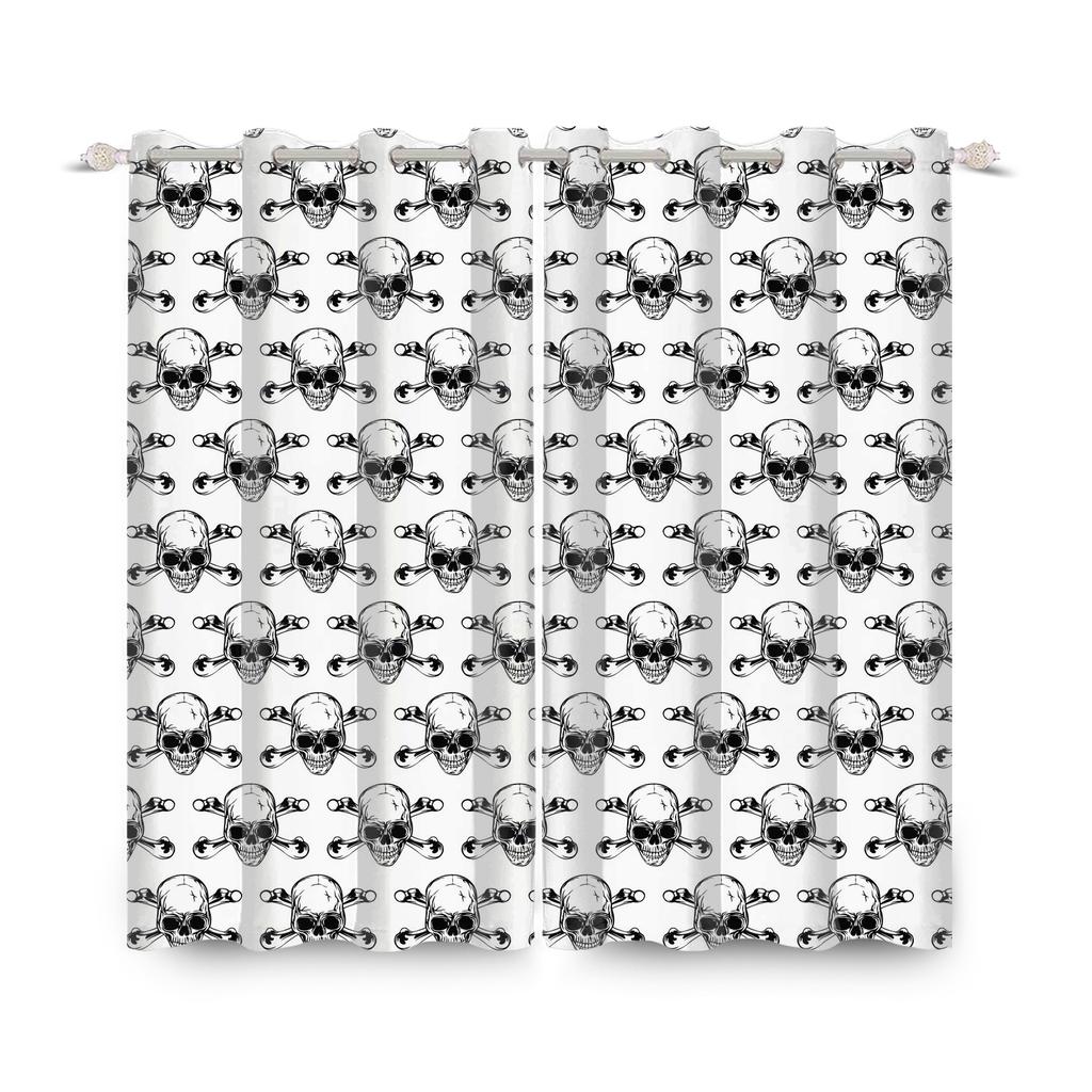 2pcs/set Skeleton Skull Black Window Curtain Horror Halloween Haunted House Home Bedroom Decor Blackout Polyester Fabric Curtain