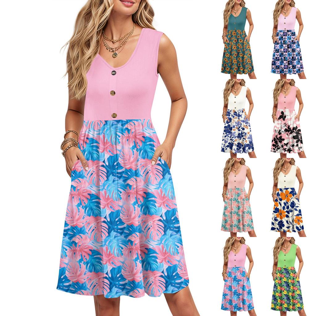 Women Summer Printing Dresses Sleeveless Casual Loose Swing Button Down Midi Sundress With Pockets
