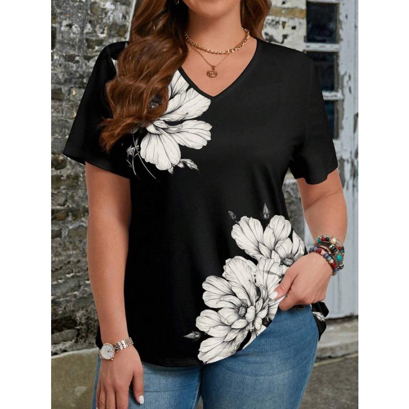 Summer V-neck Flower Pattern 3D Printed Top Fashionable Casual Short Sleeved Women's T-shirts