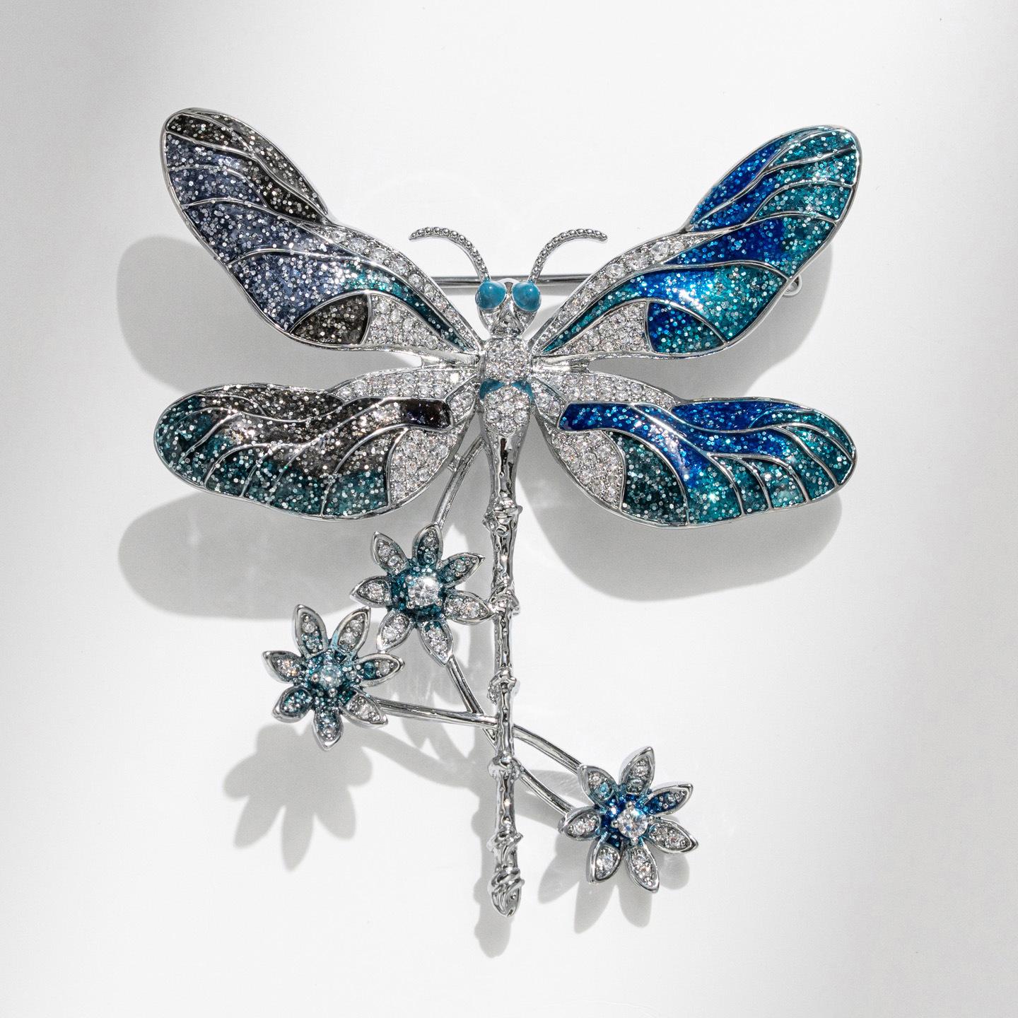 Bo Xin Yun High-End Blue Ink Wash Dragonfly Brooch, Chinese Style Costume Lapel Pin