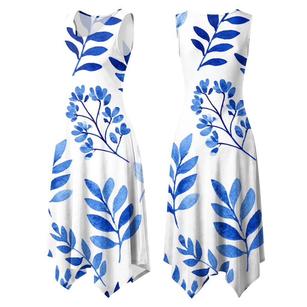 Women's Casual Sleeveless Floral Print Dress Round Neck Irregular Hem Mid-Length Dress Lightweight Summer Dress