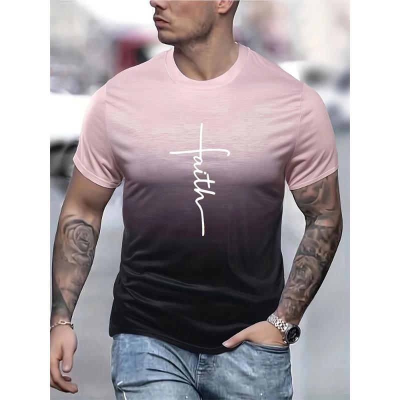 Men's Casual T Shirt Splicing Color Novelty Faith 3D Cross Symbol Printing Retro Summer Daily Top Shirt