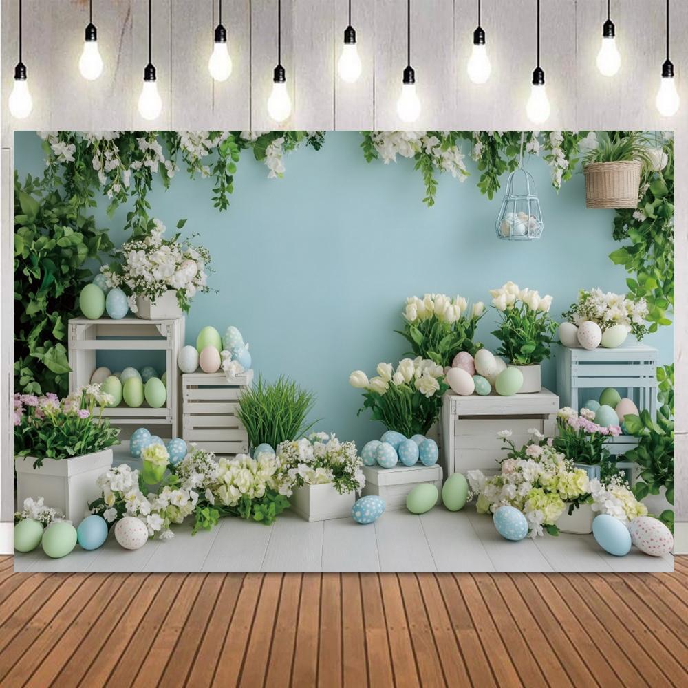 Spring Easter Floral Bunny Pink House Colorful Eggs Dessert Photography Background Kids Party Portrait Home Decor Photo Backdrop2