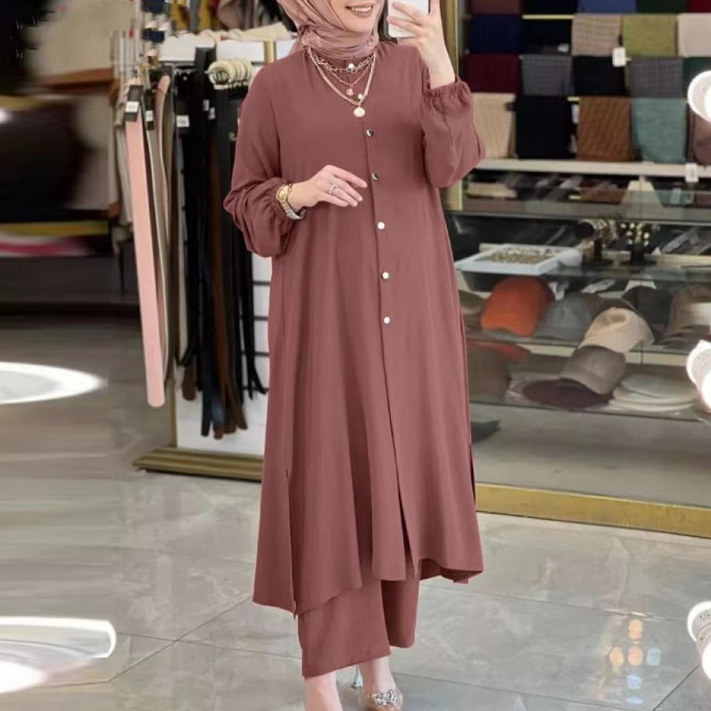 2024 New Middle East Muslim Women's Solid Color Set with Mushroom Button Elastic Sleeves