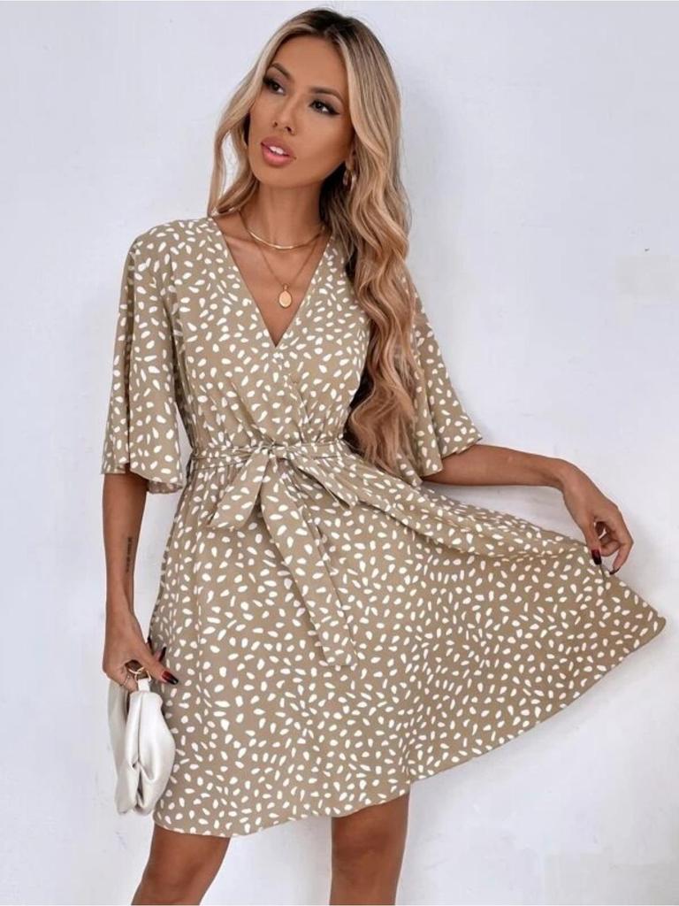 V Neck Printingt Dress Waist Hugging Dress Elegant Short Sleeve Dresses Causal Women Dress